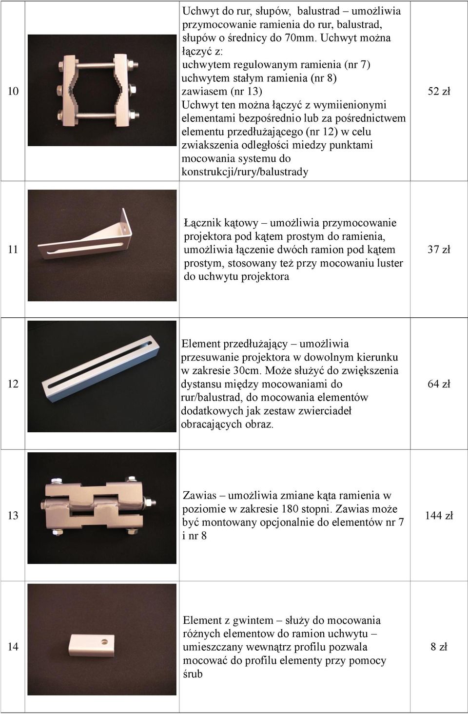 elementu przedłużającego (nr 12) w celu zwiakszenia odległości miedzy punktami mocowania systemu do konstrukcji/rury/balustrady 52 zł 11 Łącznik kątowy umożliwia przymocowanie projektora pod kątem