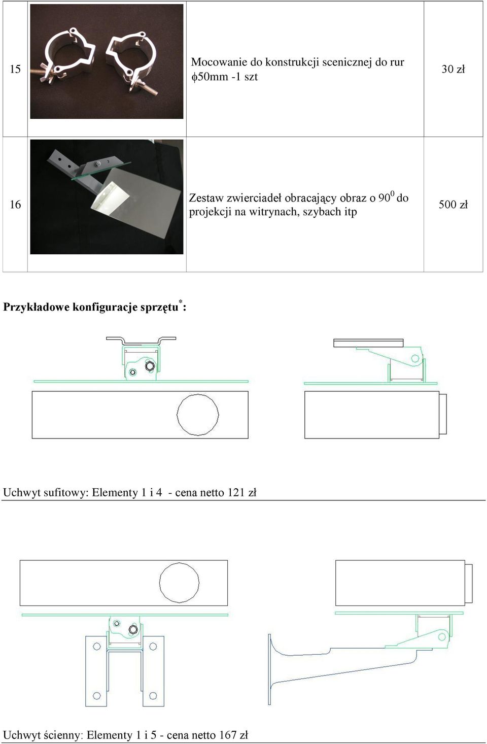 itp 500 zł Przykładowe konfiguracje sprzętu * : Uchwyt sufitowy: Elementy