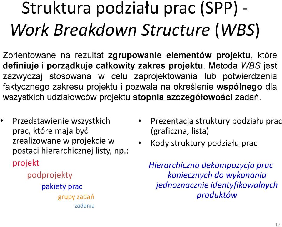 stopnia szczegółowości zadań. Przedstawienie wszystkich prac, które maja być zrealizowane w projekcie w postaci hierarchicznej listy, np.