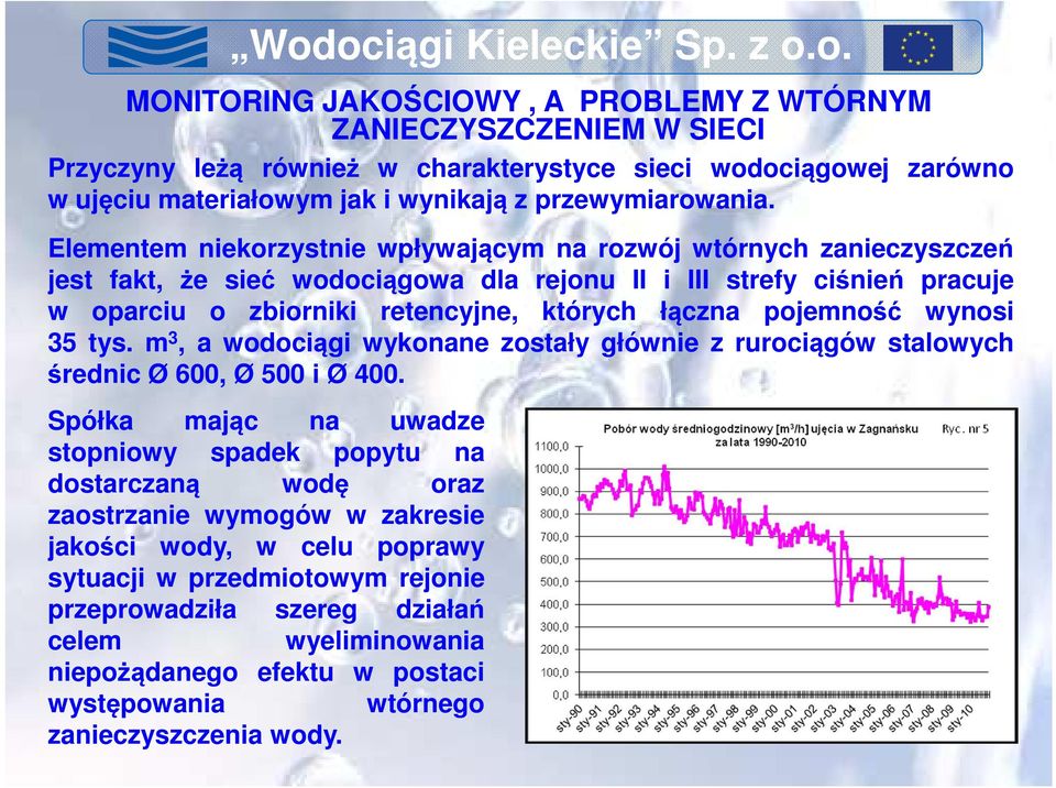 pojemność wynosi 35 tys. m 3, a wodociągi wykonane zostały głównie z rurociągów stalowych średnic Ø 600, Ø 500 i Ø 400.