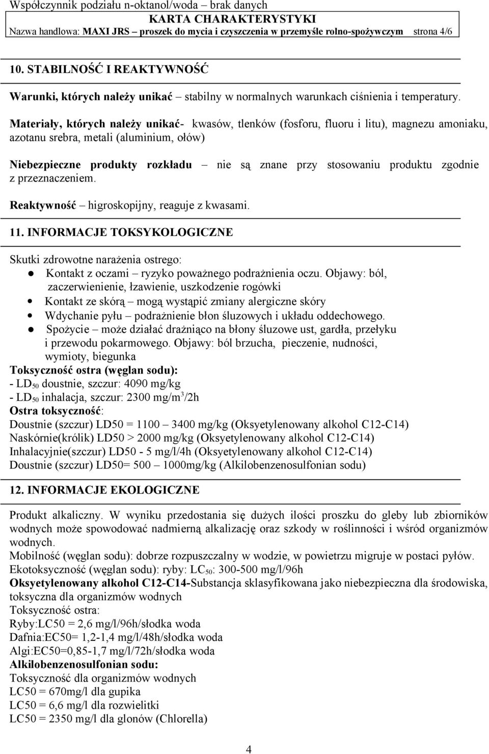 Materiały, których należy unikać- kwasów, tlenków (fosforu, fluoru i litu), magnezu amoniaku, azotanu srebra, metali (aluminium, ołów) Niebezpieczne produkty rozkładu nie są znane przy stosowaniu