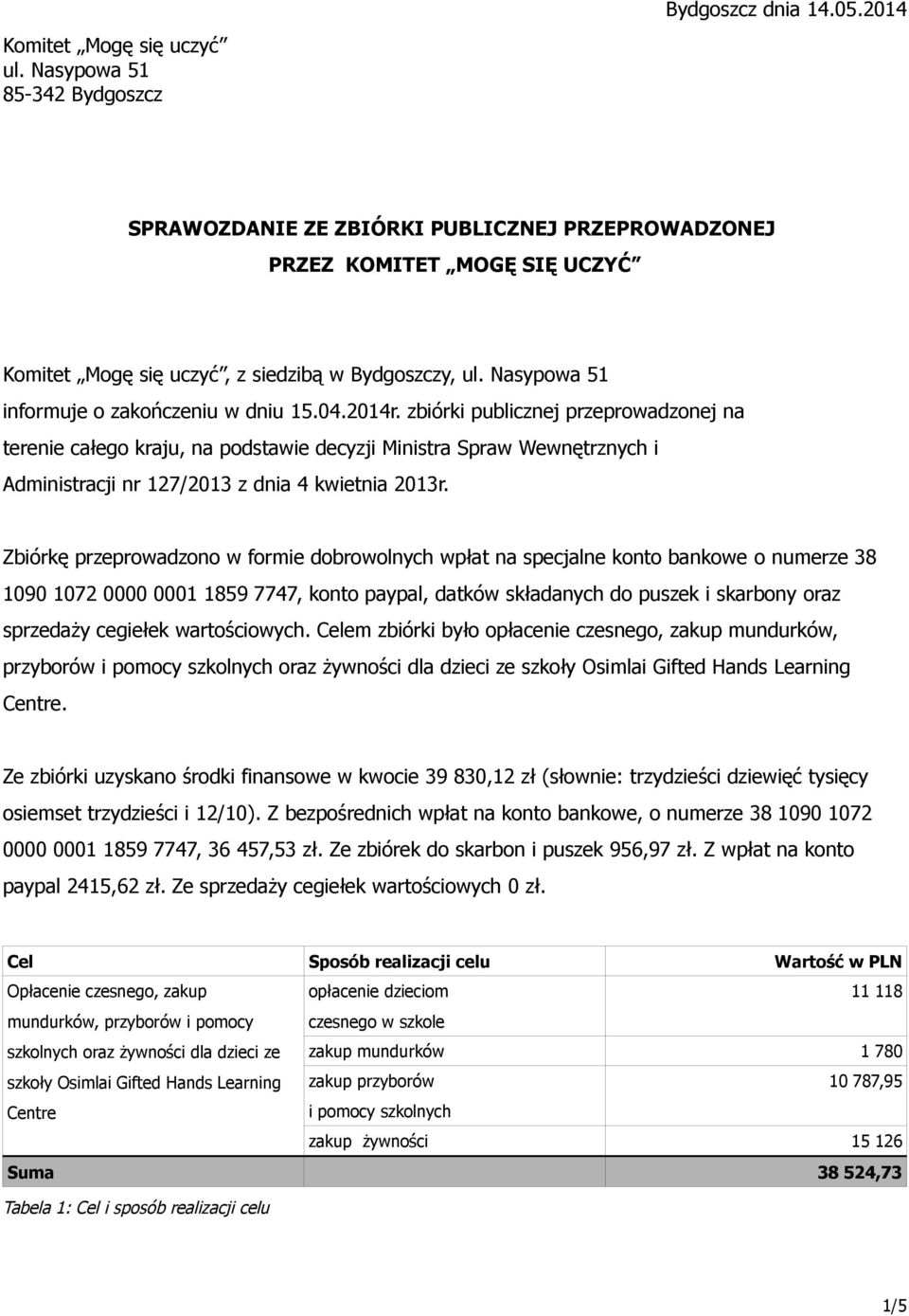 zbiórki publicznej przeprowadzonej na terenie całego kraju, na podstawie decyzji Ministra Spraw Wewnętrznych i Administracji nr 127/2013 z dnia 4 kwietnia 2013r.