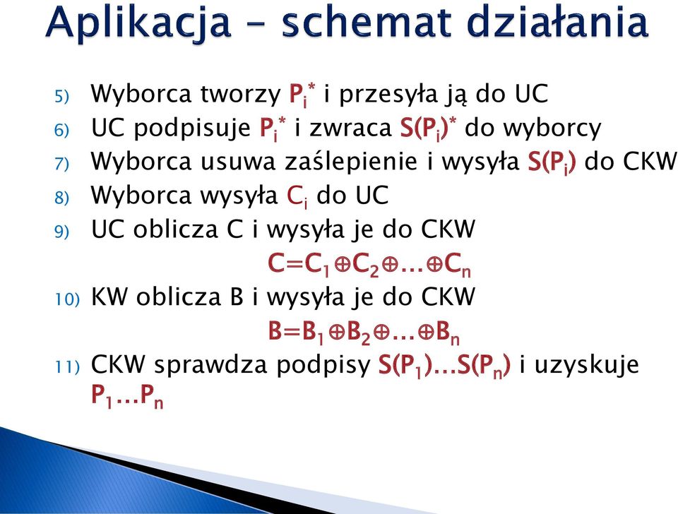 C i do UC 9) UC oblicza C i wysyła je do CKW C=C 1 C 2 C n 10) KW oblicza B i