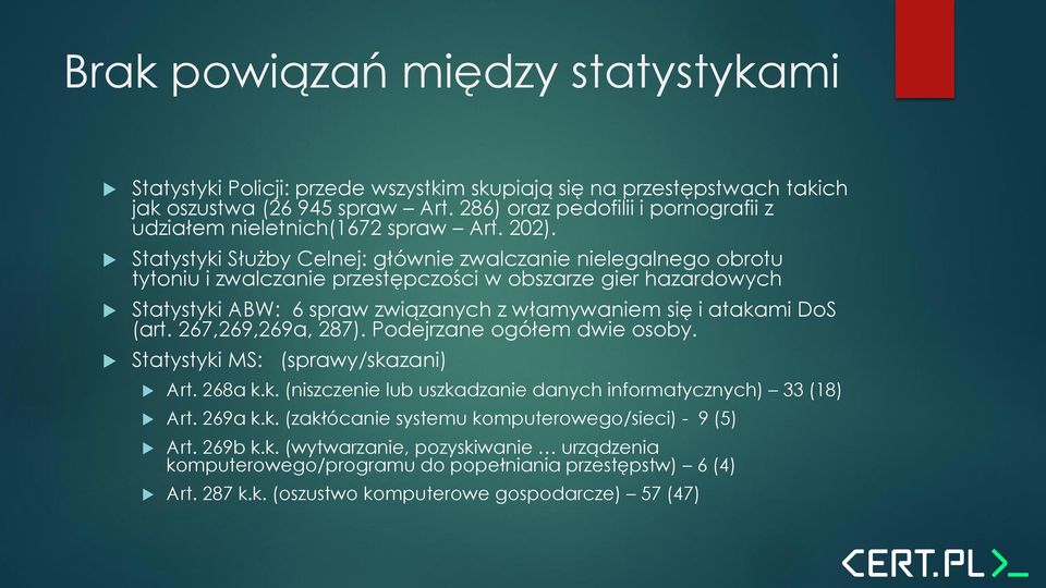 Statystyki Służby Celnej: głównie zwalczanie nielegalnego obrotu tytoniu i zwalczanie przestępczości w obszarze gier hazardowych Statystyki ABW: 6 spraw związanych z włamywaniem się i atakami DoS