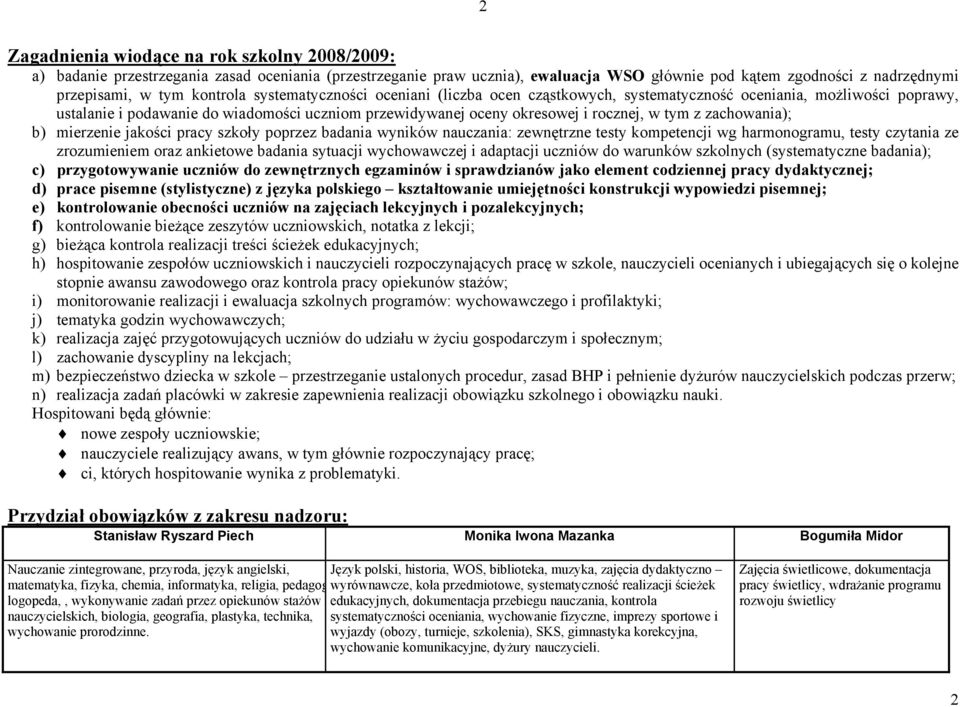 z zachowania); b) mierzenie jakości pracy szkoły poprzez badania wyników nauczania: zewnętrzne testy kompetencji wg harmonogramu, testy czytania ze zrozumieniem oraz ankietowe badania sytuacji