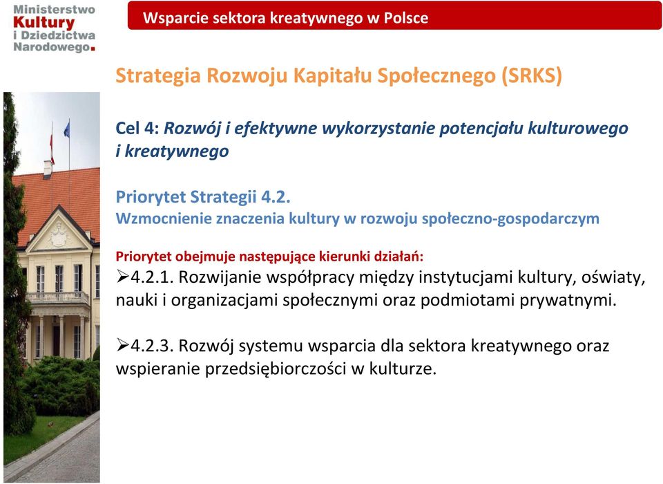 Wzmocnienie znaczenia kultury w rozwoju społeczno-gospodarczym Priorytet obejmuje następujące kierunki działań: 4.2.1.