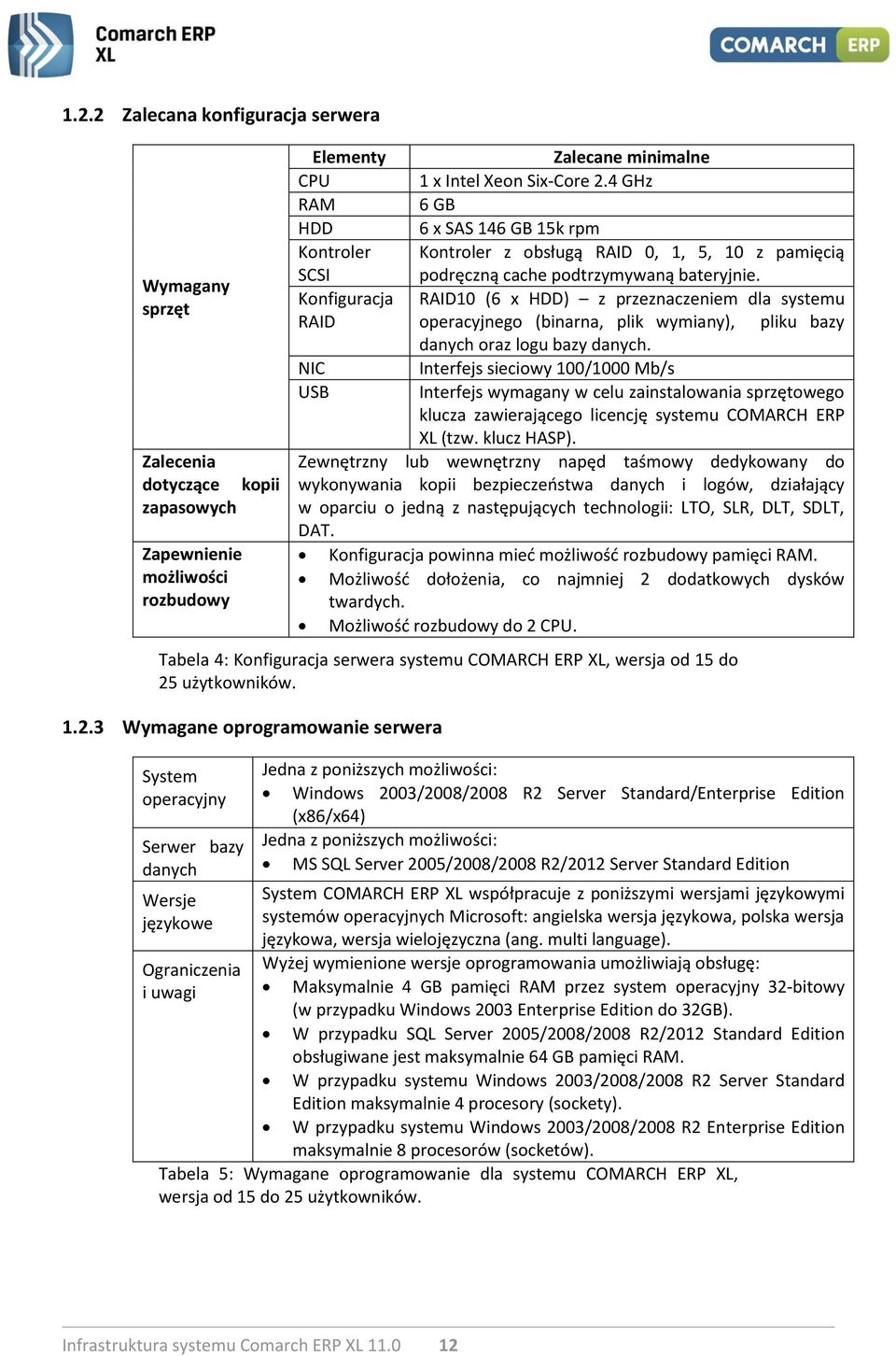 Konfiguracja RAID10 (6 x HDD) z przeznaczeniem dla systemu RAID operacyjnego (binarna, plik wymiany), pliku bazy danych oraz logu bazy danych.