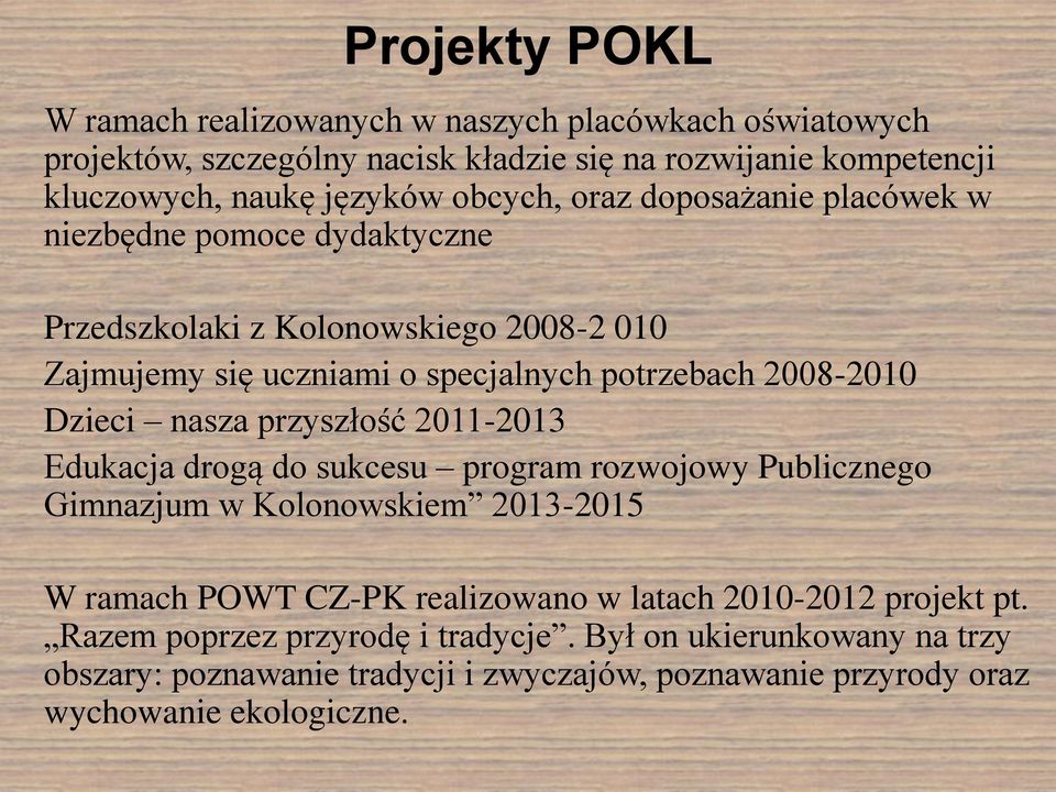 Dzieci nasza przyszłość 2011-2013 Edukacja drogą do sukcesu program rozwojowy Publicznego Gimnazjum w Kolonowskiem 2013-2015 W ramach POWT CZ-PK realizowano w latach