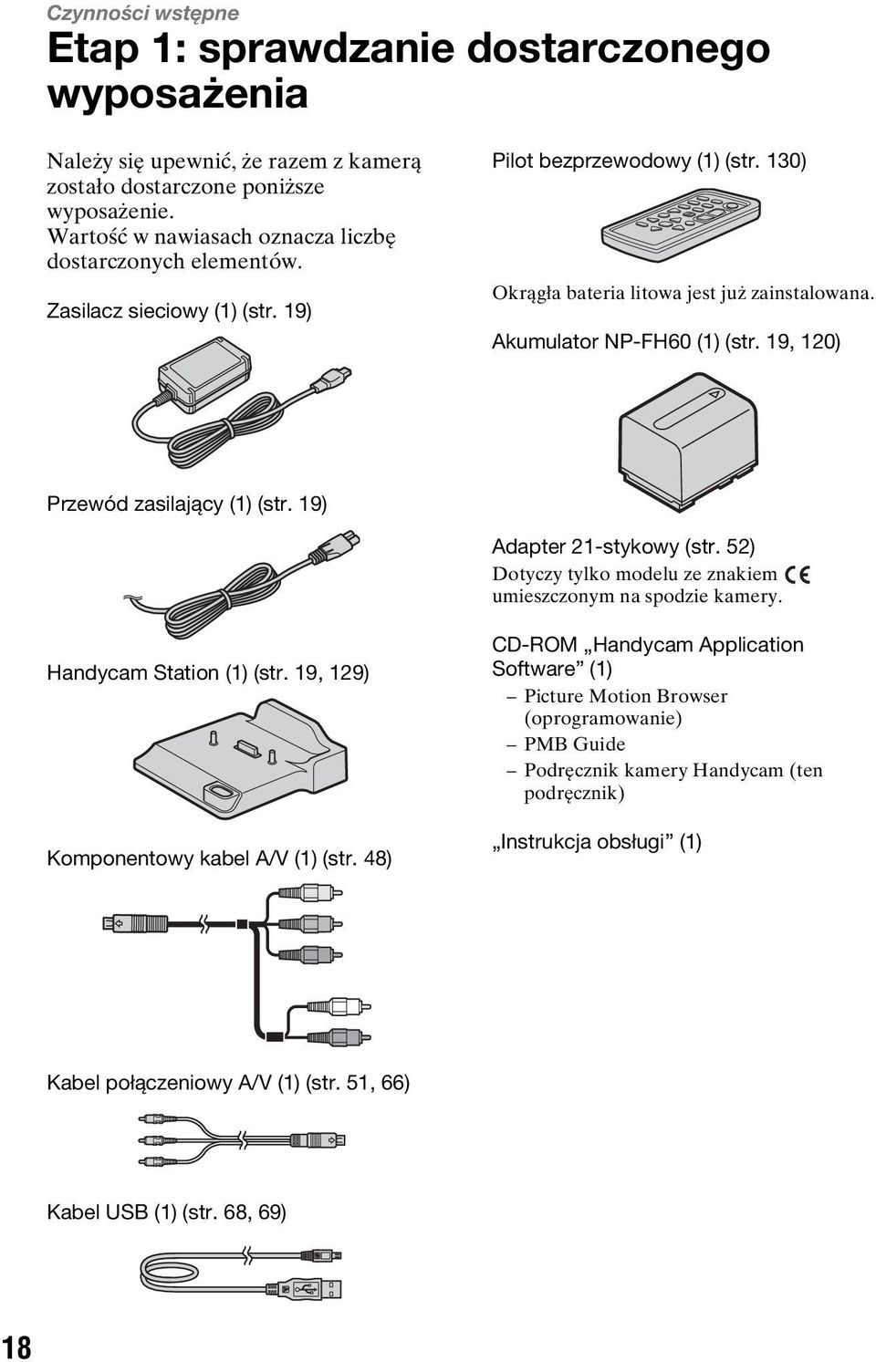 Akumulator NP-FH60 (1) (str. 19, 120) Przewód zasilający (1) (str. 19) Adapter 21-stykowy (str. 52) Dotyczy tylko modelu ze znakiem umieszczonym na spodzie kamery. Handycam Station (1) (str.