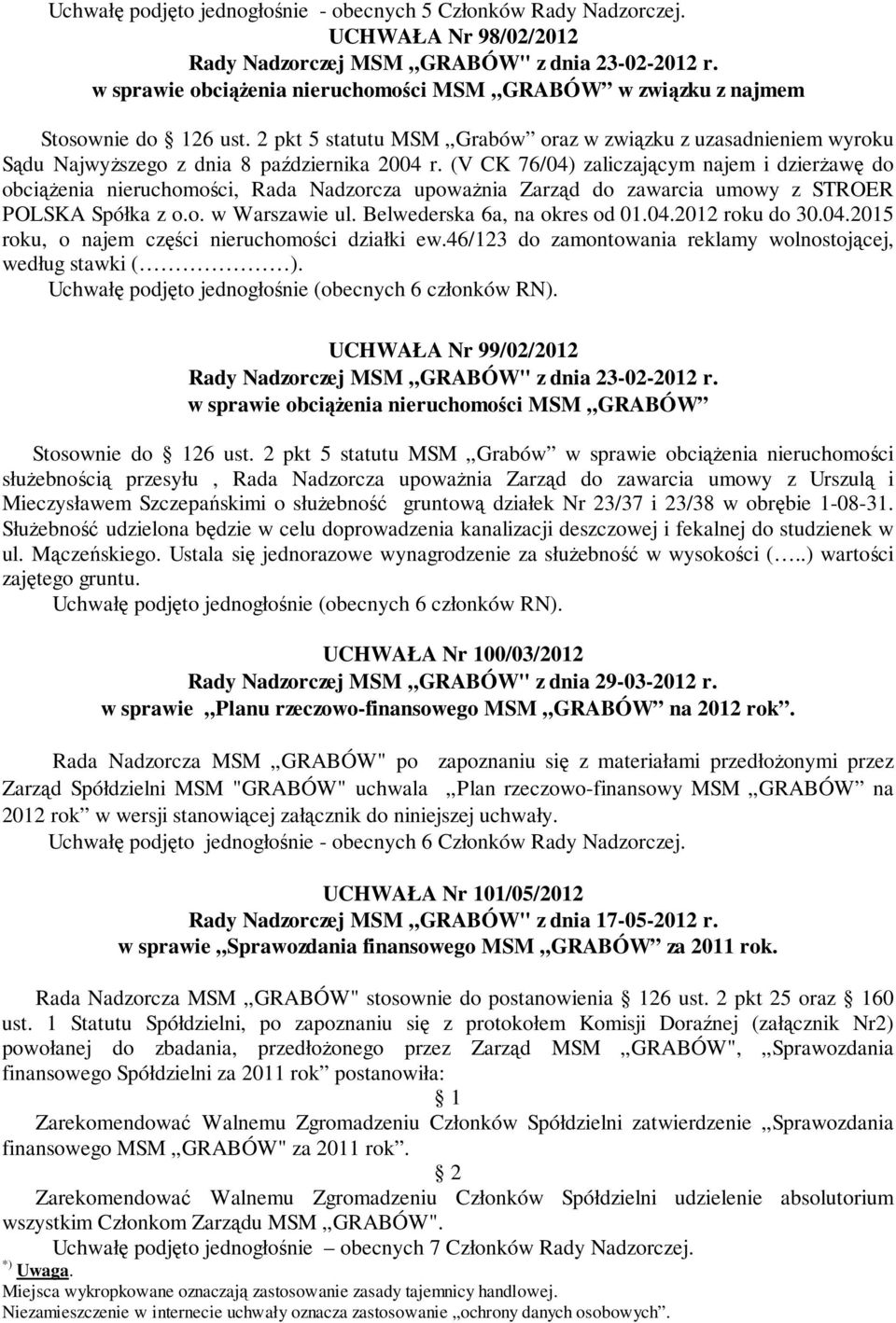 2 pkt 5 statutu MSM Grabów oraz w związku z uzasadnieniem wyroku obciążenia nieruchomości, Rada Nadzorcza upoważnia Zarząd do zawarcia umowy z STROER POLSKA Spółka z o.o. w Warszawie ul.