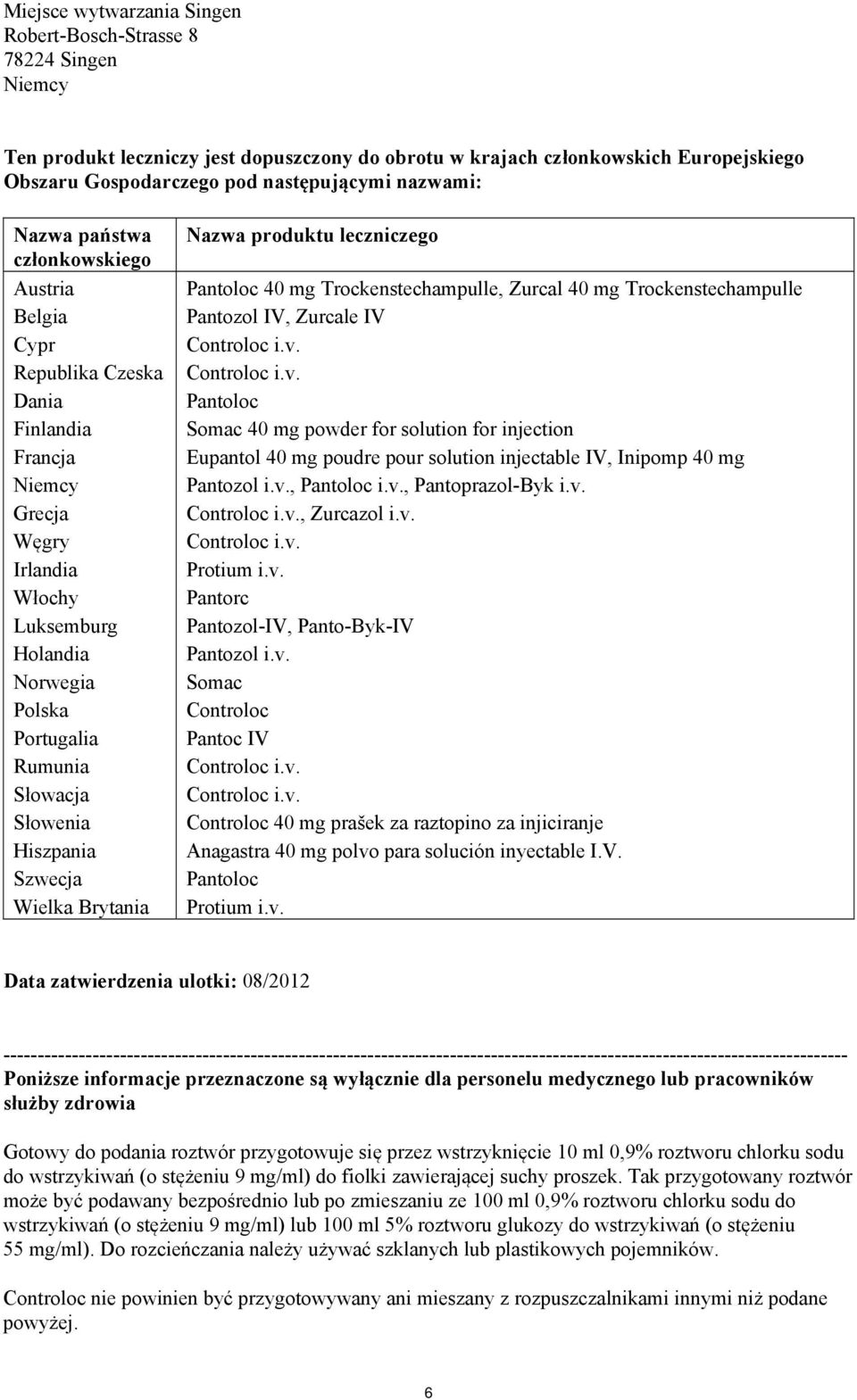 Słowenia Hiszpania Szwecja Wielka Brytania Nazwa produktu leczniczego Pantoloc 40 mg Trockenstechampulle, Zurcal 40 mg Trockenstechampulle Pantozol IV, Zurcale IV Pantoloc Somac 40 mg powder for