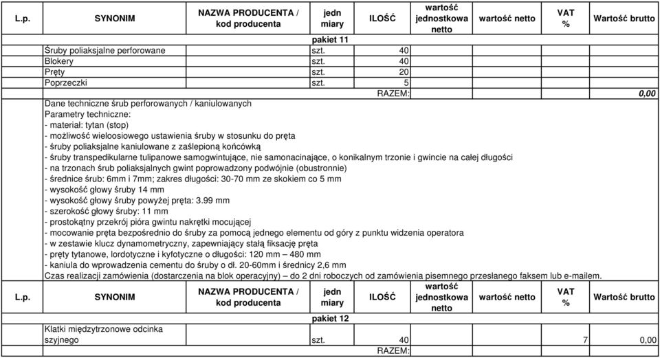 zaślepioną końcówką - śruby transpedikularne tulipanowe samogwintujące, nie samonacinające, o konikalnym trzonie i gwincie na całej długości - na trzonach śrub poliaksjalnych gwint poprowadzony