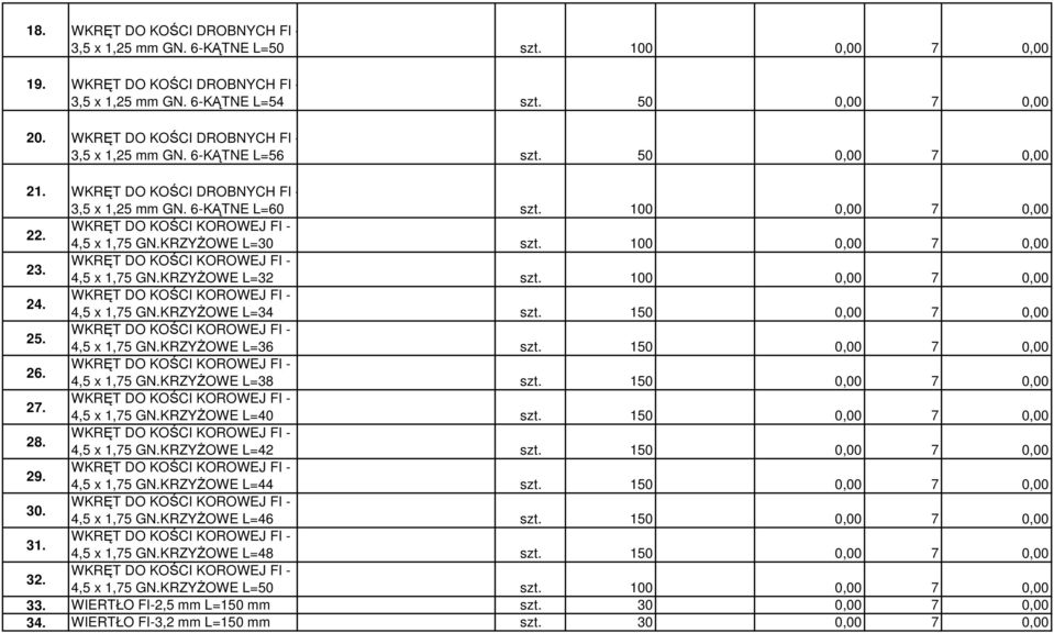 WKRĘT DO KOŚCI KOROWEJ FI - 4,5 x 1,75 GN.KRZYŻOWE L=30 szt. 100 0,00 7 0,00 23. WKRĘT DO KOŚCI KOROWEJ FI - 4,5 x 1,75 GN.KRZYŻOWE L=32 szt. 100 0,00 7 0,00 24.