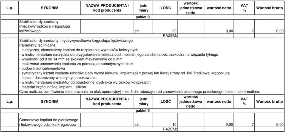 narzędzia do przygotowania miejsca pod implant i jego założenia bez uszkodzania więzadła tylnego - wysokości od 8 do 14 mm ze skokiem maksymalnie co 2 mm - możliwość umocowania implantu za pomocą