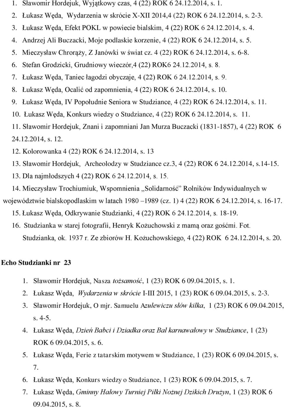 4 (22) ROK 6 24.12.2014, s. 6-8. 6. Stefan Grodzicki, Grudniowy wieczór,4 (22) ROK6 24.12.2014, s. 8. 7. Łukasz Węda, Taniec łagodzi obyczaje, 4 (22) ROK 6 24.12.2014, s. 9. 8. Łukasz Węda, Ocalić od zapomnienia, 4 (22) ROK 6 24.