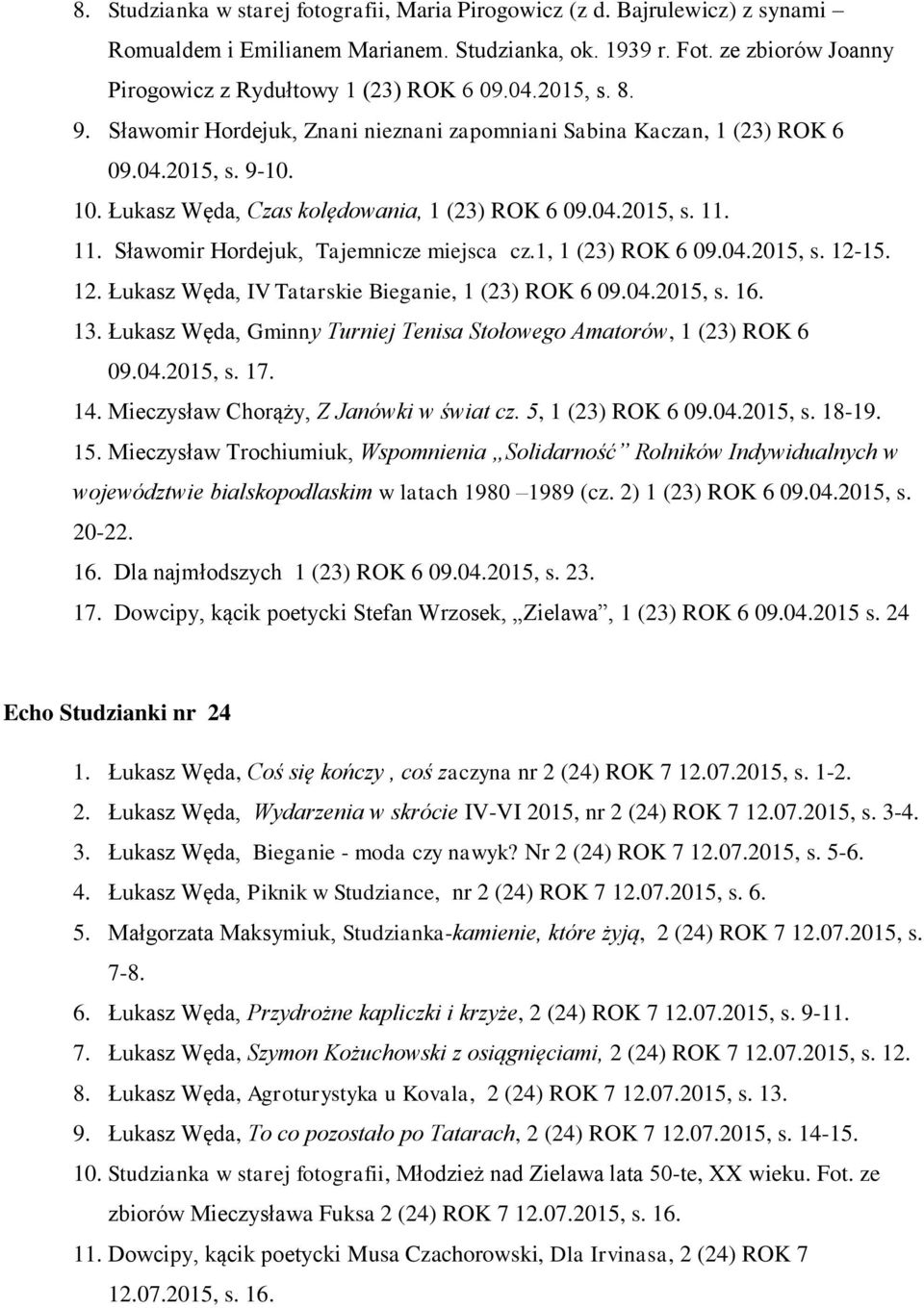 11. Sławomir Hordejuk, Tajemnicze miejsca cz.1, 1 (23) ROK 6 09.04.2015, s. 12-15. 12. Łukasz Węda, IV Tatarskie Bieganie, 1 (23) ROK 6 09.04.2015, s. 16. 13.