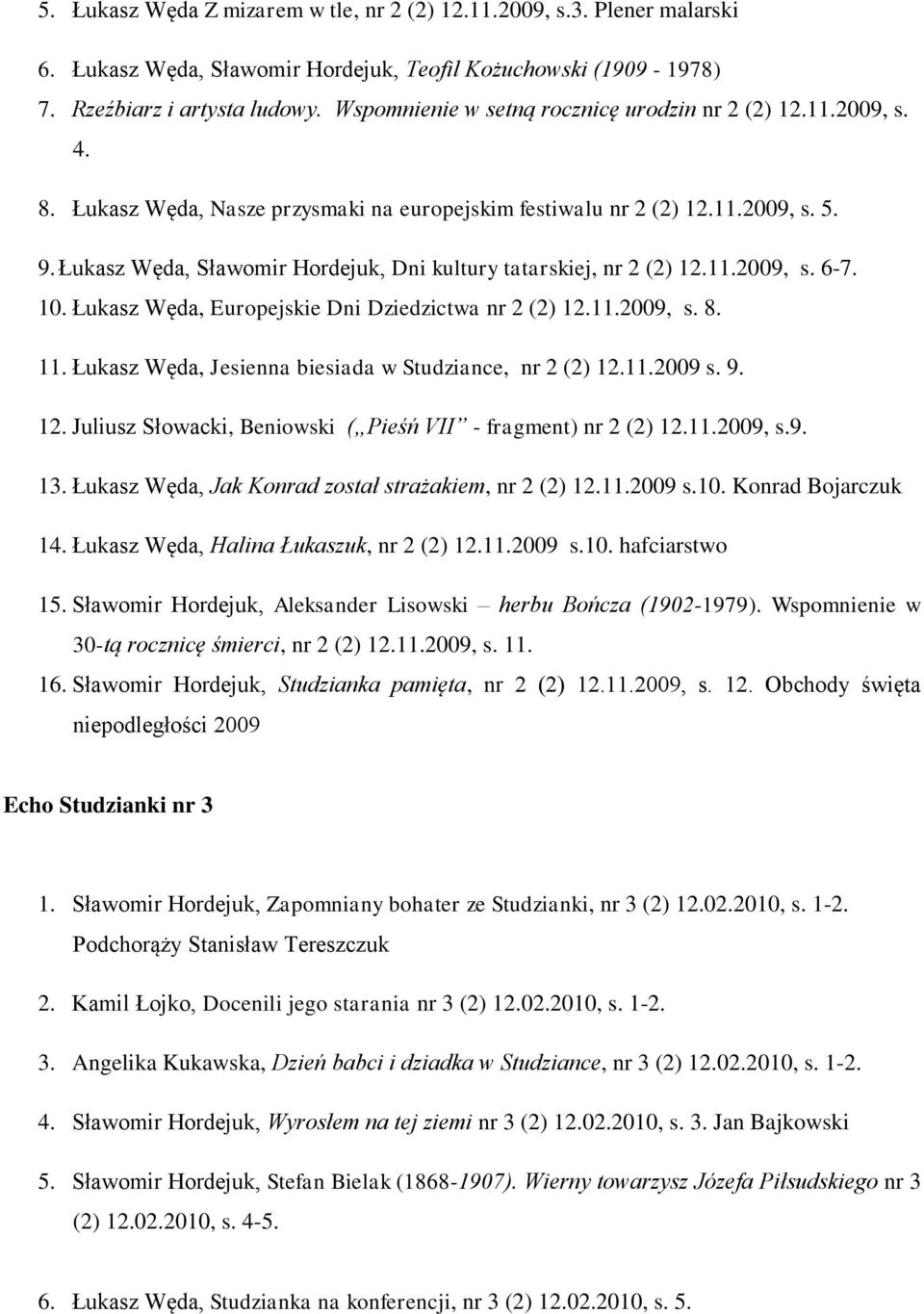 Łukasz Węda, Sławomir Hordejuk, Dni kultury tatarskiej, nr 2 (2) 12.11.2009, s. 6-7. 10. Łukasz Węda, Europejskie Dni Dziedzictwa nr 2 (2) 12.11.2009, s. 8. 11.