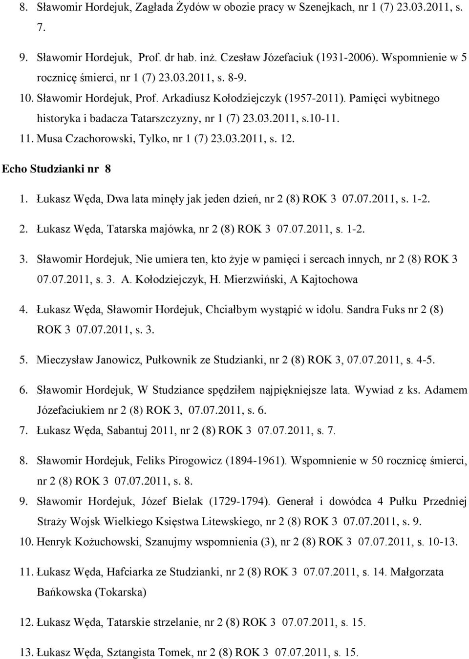 11. Musa Czachorowski, Tylko, nr 1 (7) 23.03.2011, s. 12. Echo Studzianki nr 8 1. Łukasz Węda, Dwa lata minęły jak jeden dzień, nr 2 (8) ROK 3 07.07.2011, s. 1-2. 2. Łukasz Węda, Tatarska majówka, nr 2 (8) ROK 3 07.