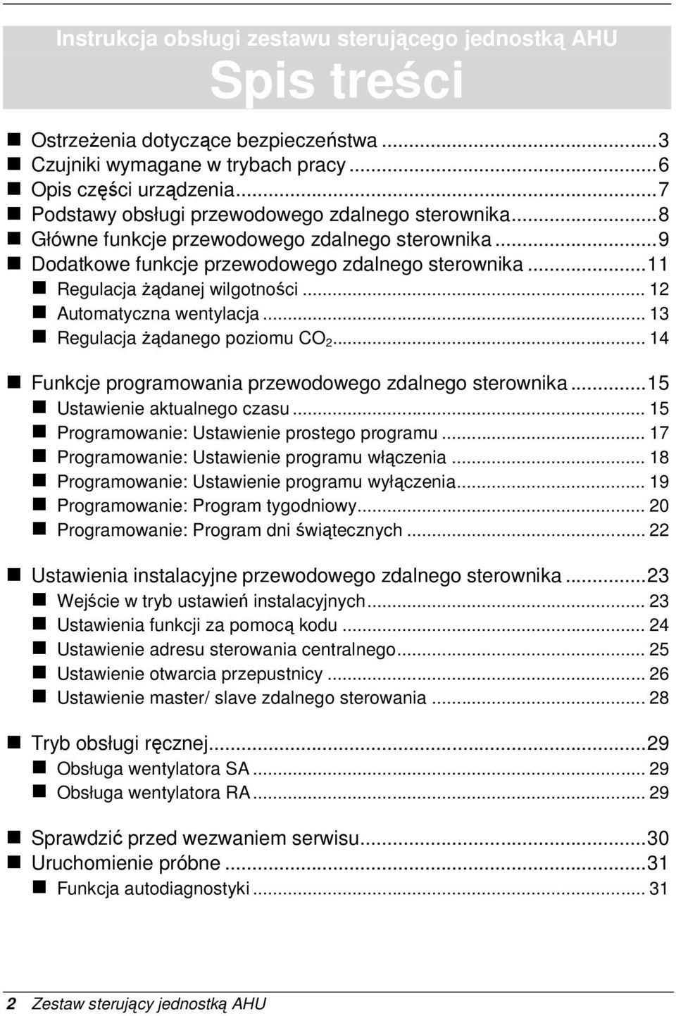 .. 12 Automatyczna wentylacja... 13 Regulacja Ŝądanego poziomu CO 2... 14 Funkcje programowania przewodowego zdalnego sterownika... 15 Ustawienie aktualnego czasu.