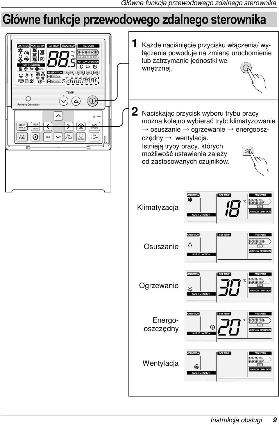 2 Naciskając przycisk wyboru trybu pracy moŝna kolejno wybierać tryb: klimatyzowanie osuszanie ogrzewanie energooszczędny