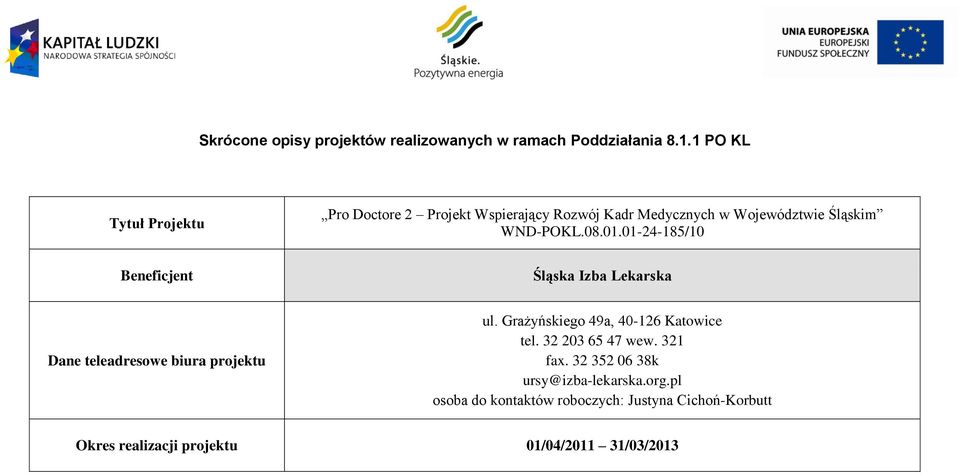 WND-POKL.08.01.01-24-185/10 Beneficjent Śląska Izba Lekarska ul. Grażyńskiego 49a, 40-126 Katowice tel.