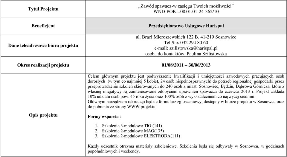 pl osoba do kontaktów: Paulina Szilistowska Okres realizacji projektu 01/08/2011 30/06/2013 Opis projektu Celem głównym projektu jest podwyższenie kwalifikacji i umiejętności zawodowych pracujących
