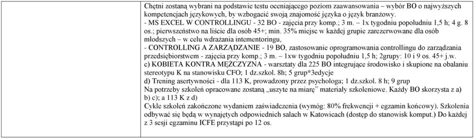 35% miejsc w każdej grupie zarezerwowane dla osób młodszych w celu wdrażania intementoringu, - CONTROLLING A ZARZĄDZANIE - 19 BO, zastosowanie oprogramowania controllingu do zarządzania