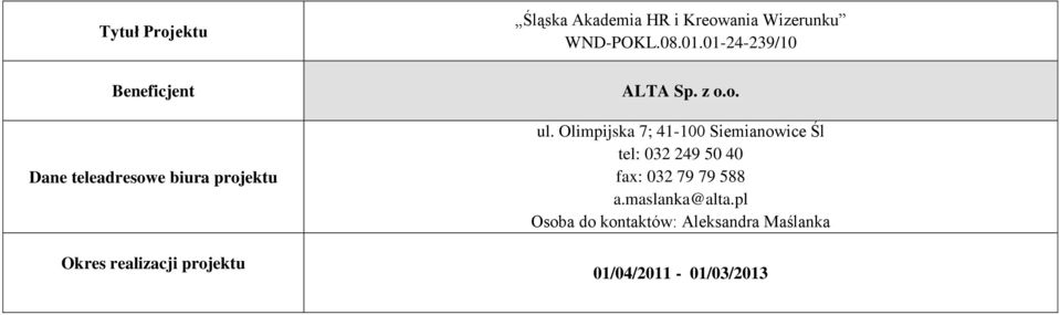 Olimpijska 7; 41-100 Siemianowice Śl tel: 032 249 50 40 fax: 032 79 79