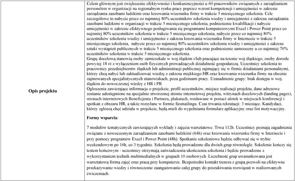 Cele szczegółowe to nabycie przez co najmniej 80% uczestników szkolenia wiedzy i umiejętności z zakresu zarządzania zasobami ludzkimi w organizacji w trakcie 5 miesięcznego szkolenia, podniesienie