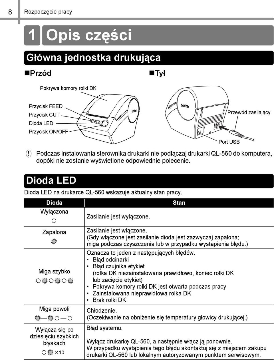 Dioda Wyłączona Zasilanie jest wyłączone. Stan Przewód zasilający Port USB Zapalona Miga szybko Miga powoli Wyłącza się po dziesięciu szybkich błyskach Zasilanie jest włączone.