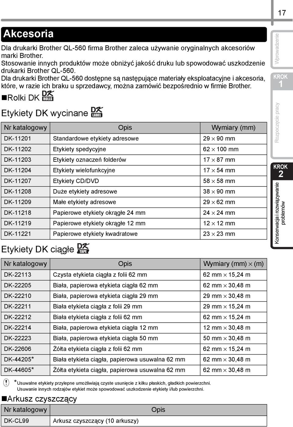 Dla drukarki Brother QL-560 dostępne są następujące materiały eksploatacyjne i akcesoria, które, w razie ich braku u sprzedawcy, można zamówić bezpośrednio w firmie Brother.