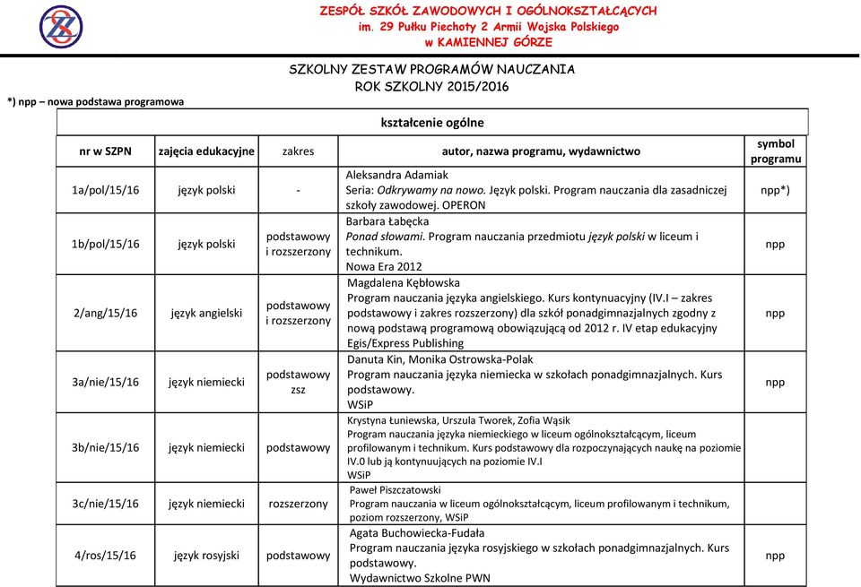 Język polski. Program nauczania dla zasadniczej szkoły zawodowej. Barbara Łabęcka Ponad słowami. Program nauczania przedmiotu język polski w liceum i technikum.