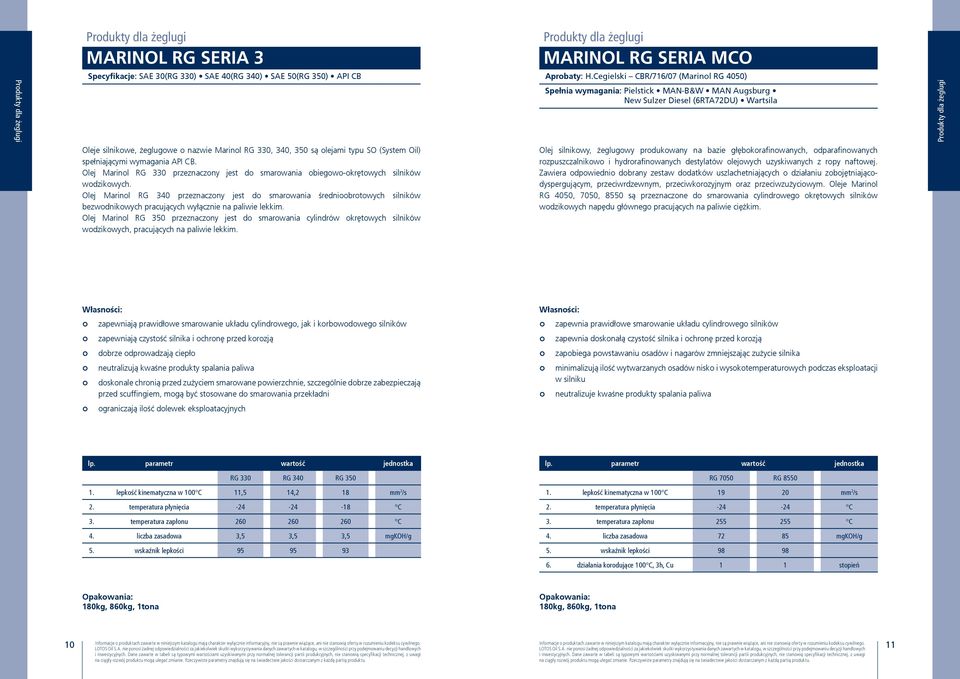 typu SO (System Oil) spełniającymi wymagania API CB. Olej Marinol RG 330 przeznaczony jest do smarowania obiegowo-okrętowych silników wodzikowych.