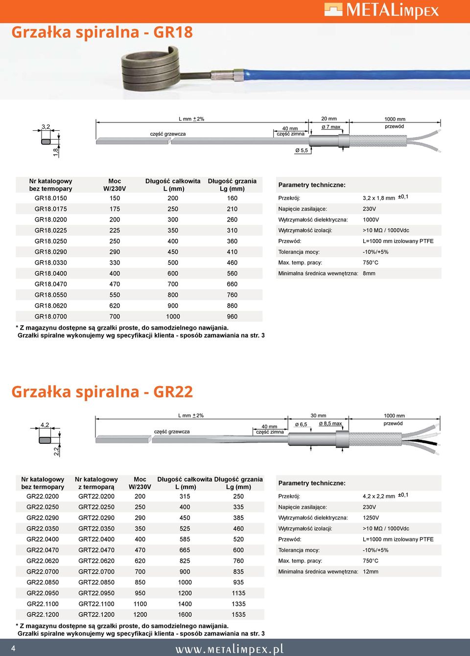 0700 700 1000 960 * Z magazynu dostępne są grzałki proste, do samodzielnego nawijania. Grzałki spiralne wykonujemy wg specyfikacji klienta - sposób zamawiania na str.