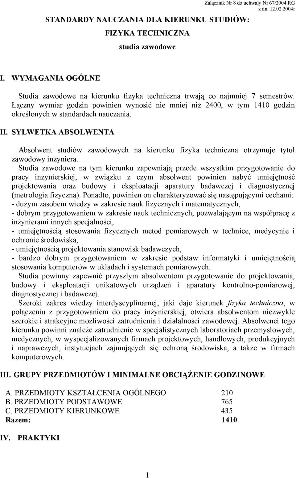 Łączny wymiar godzin powinien wynosić nie mniej niż 2400, w tym 1410 godzin określonych w standardach nauczania. II.