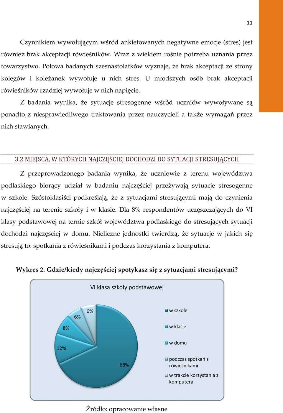 Z badania wynika, Ŝe sytuacje stresogenne wśród uczniów wywoływane są ponadto z niesprawiedliwego traktowania przez nauczycieli i a takŝe wymagań przez nich stawianych. 3.