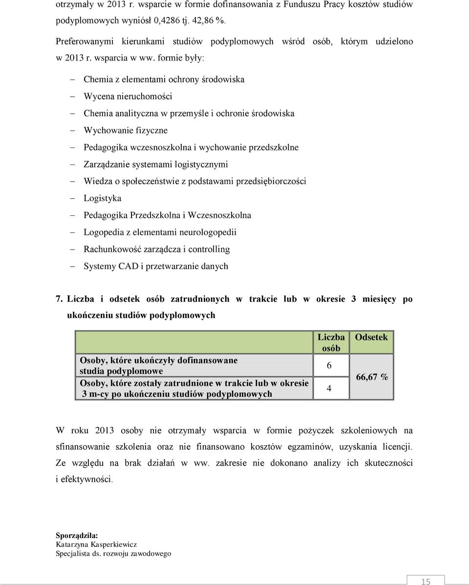 formie były: Chemia z elementami ochrony środowiska Wycena nieruchomości Chemia analityczna w przemyśle i ochronie środowiska Wychowanie fizyczne Pedagogika wczesnoszkolna i wychowanie przedszkolne