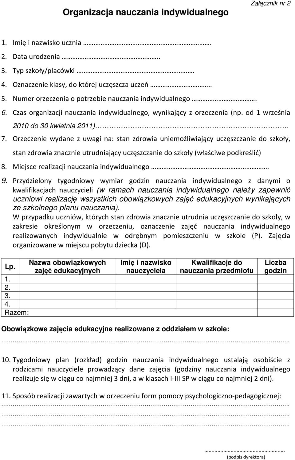 Orzeczenie wydane z uwagi na: stan zdrowia uniemożliwiający uczęszczanie do szkoły, stan zdrowia znacznie utrudniający uczęszczanie do szkoły (właściwe podkreślić) 8.