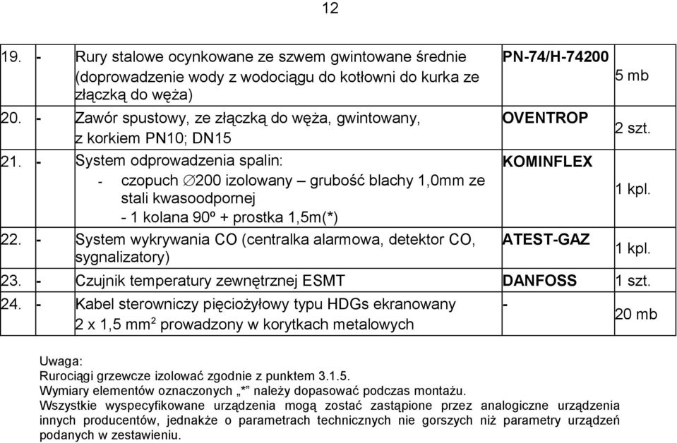 - System odprowadzenia spalin: - czopuch 200 izolowany grubość blachy 1,0mm ze stali kwasoodpornej - 1 kolana 90º + prostka 1,5m(*) 22.