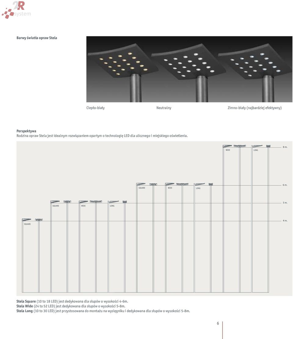 oświetlenia. Stela Square (10 to 18 LED) jest dedykowana dla słupów o wysokości 4-6m.