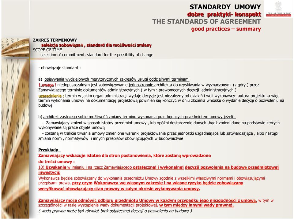 niedopuszczalnym jest zobowiązywanie jednostronnie architekta do uzyskiwania w wyznaczonym (z góry ) przez Zamawiającego terminie dokumentów administracyjnych ( w tym : prawomocnych decyzji