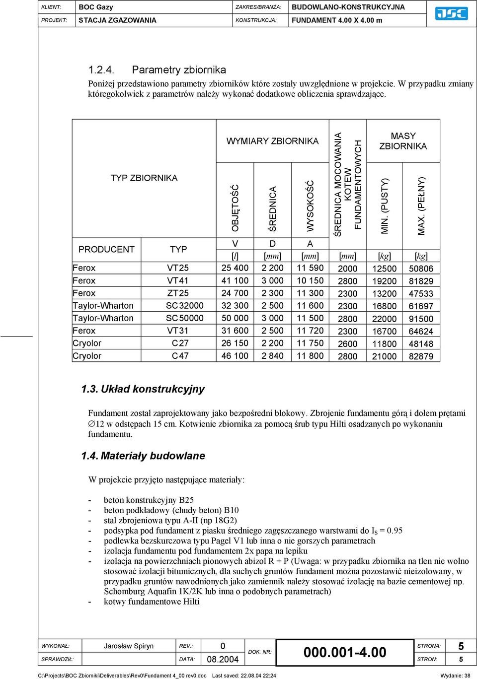 TYP ZBIORNIKA WYMIARY ZBIORNIKA OBJĘTOŚĆ ŚREDNICA WYSOKOŚĆ ŚREDNICA MOCOWANIA KOTEW FUNDAMENTOWYCH MASY ZBIORNIKA PRODUCENT TYP V D A [l] [mm] [mm] [mm] [kg] [kg] Ferox VT 25 25 400 2 200 11 590 2000