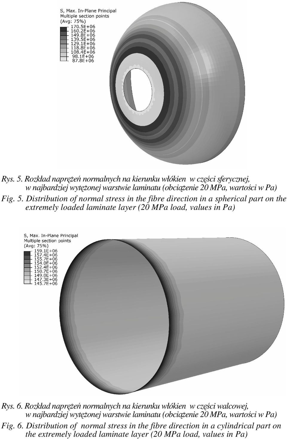 5. Distribution of normal stress in the fibre direction in a spherical part on the extremely loaded laminate layer (20 MPa load, values in Pa) Rys. 6.