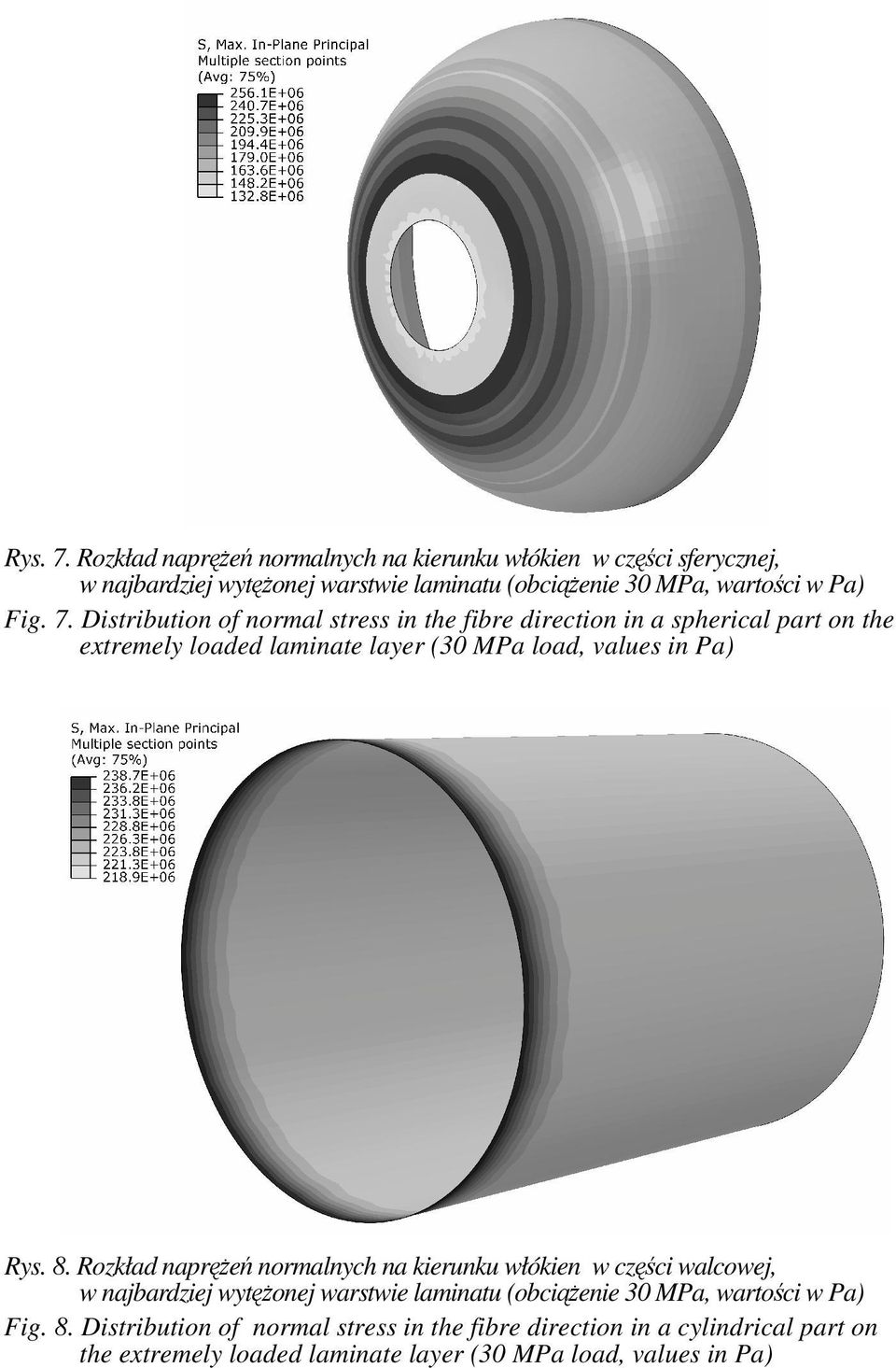 7. Distribution of normal stress in the fibre direction in a spherical part on the extremely loaded laminate layer (30 MPa load, values in Pa) Rys. 8.