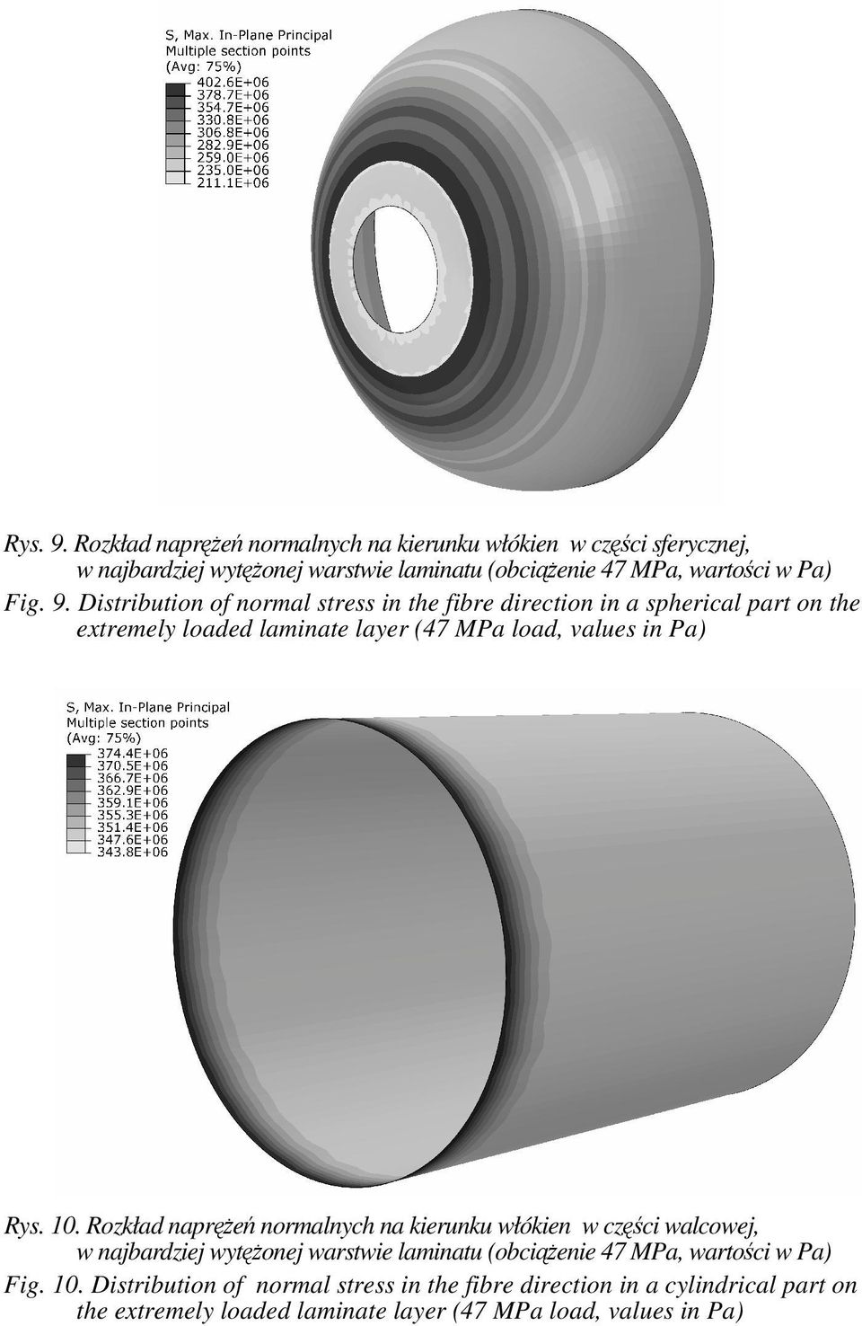 9. Distribution of normal stress in the fibre direction in a spherical part on the extremely loaded laminate layer (47 MPa load, values in Pa) Rys. 10.