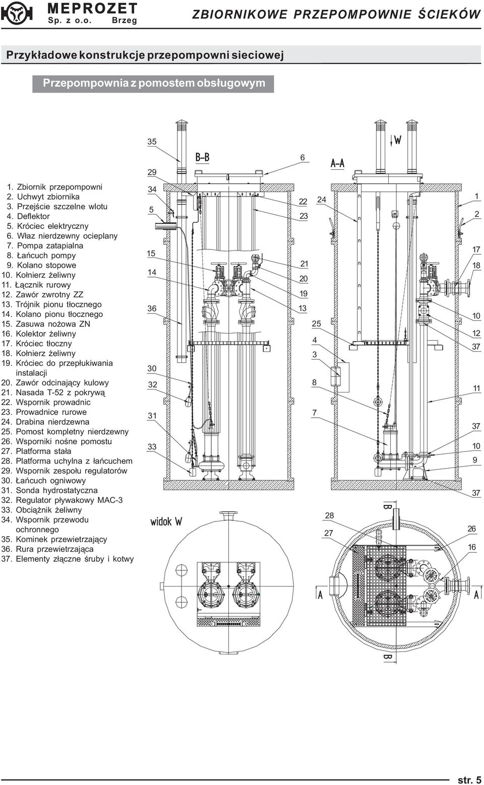 Zasuwa nożowa ZN. Kolektor żeliwny 7. Króciec tłoczny 8. Kołnierz żeliwny 9. Króciec do przepłukiwania instalacji 0. Zawór odcinający kulowy. Nasada T-5 z pokrywą. Wspornik prowadnic 3.