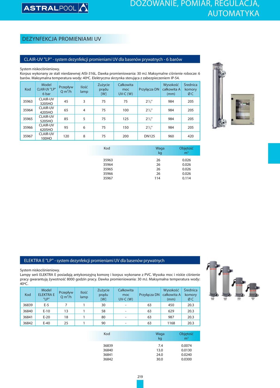 Kod 35963 35964 35965 35966 35967 Model CLAIR-UV "LP" 6 bar CLAIR-UV 3205HO CLAIR-UV 4205HO CLAIR-UV 5205HO CLAIR-UV 6205HO CLAIR-UV 100HO Przepływ Q m³/h Ilość lamp Zużycie prądu [W] Całkowita moc