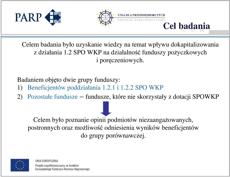 Badaniem objęto dwie grupy funduszy: 1) Beneficjentów poddziałania 1.2.