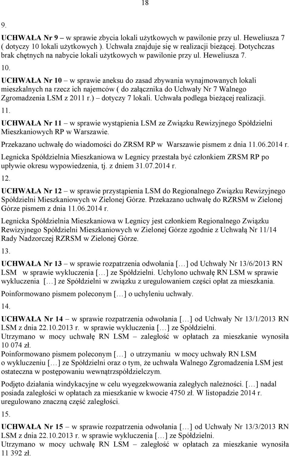 UCHWAŁA Nr 10 w sprawie aneksu do zasad zbywania wynajmowanych lokali mieszkalnych na rzecz ich najemców ( do załącznika do Uchwały Nr 7 Walnego Zgromadzenia LSM z 2011 r.) dotyczy 7 lokali.