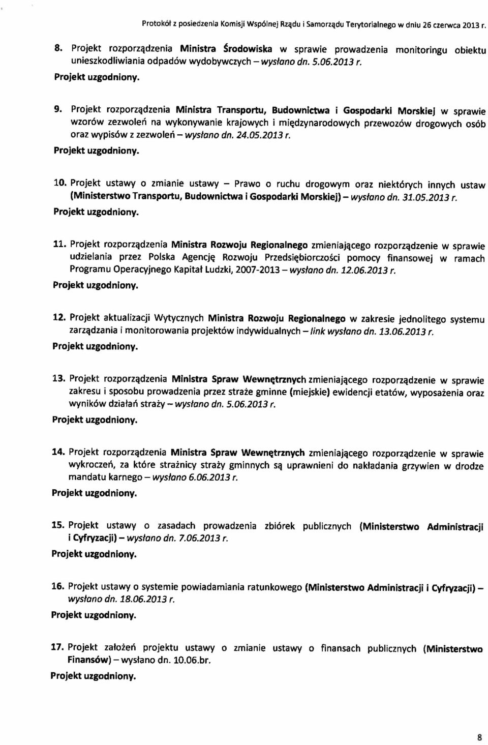 Gospodark Morskej sprae mędzynarodoych przeozó drogoych osób 24.05.2023 10. Projekt ustay o zmane ustay (Mnstersto Transportu, Budoncta Prao o ruchu oraz Gospodark Morskej) ystano dn.